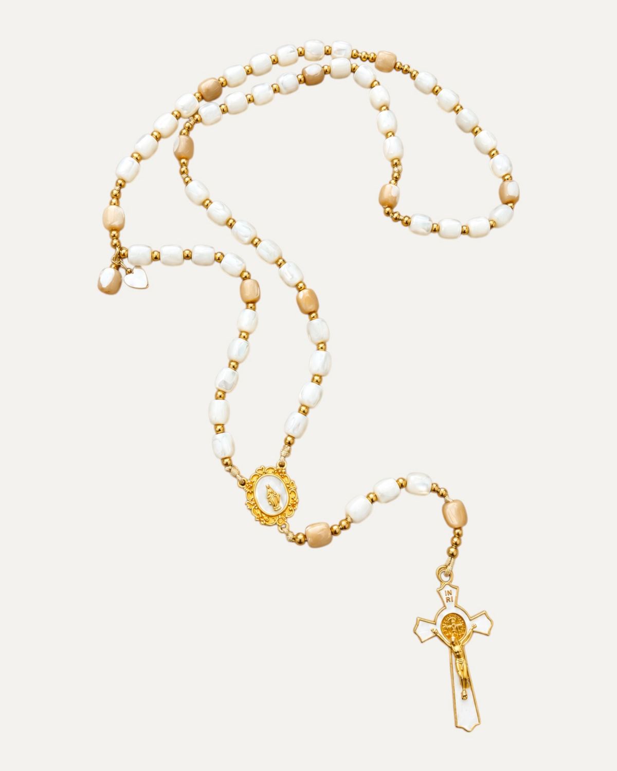 Chapelet Douceur de Marie en nacre, croix et médaille dorées — Théra'Pierres