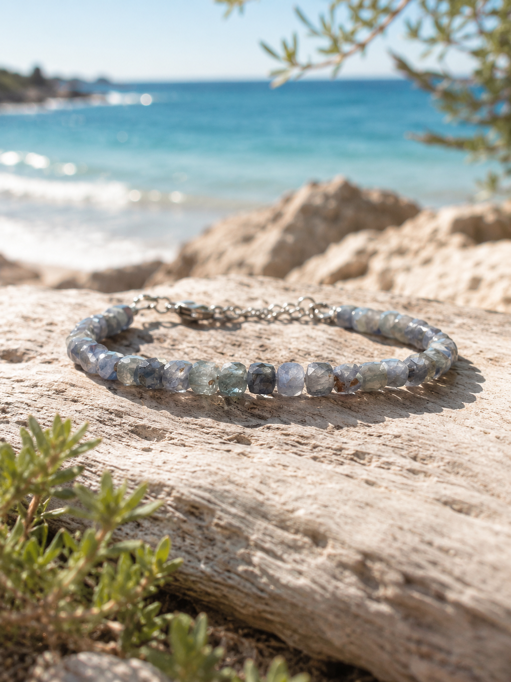 Bracelet Capri cyanite en bord de mer — Théra'Pierres, Golfe de Saint-Tropez
