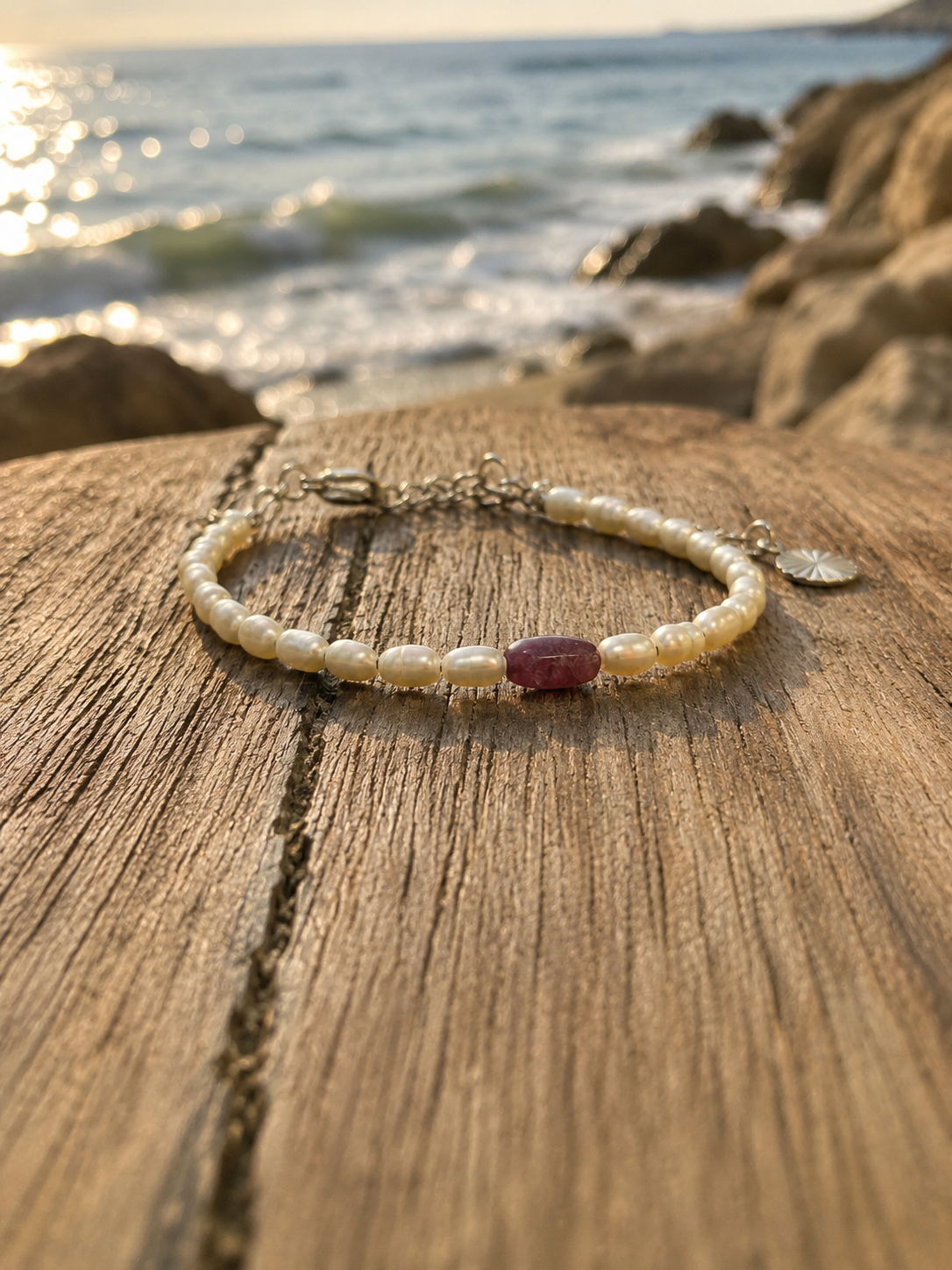 Bracelet Rosée tourmaline rose en bord de mer — Théra'Pierres, Golfe de Saint-Tropez