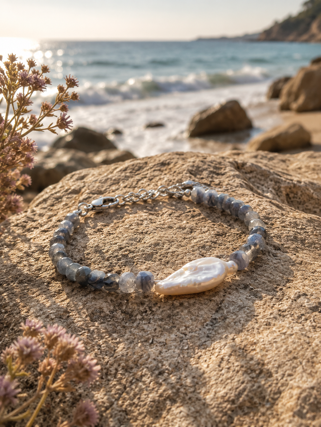 Bracelet Sillage cyanite en bord de mer — Théra'Pierres, Golfe de Saint-Tropez