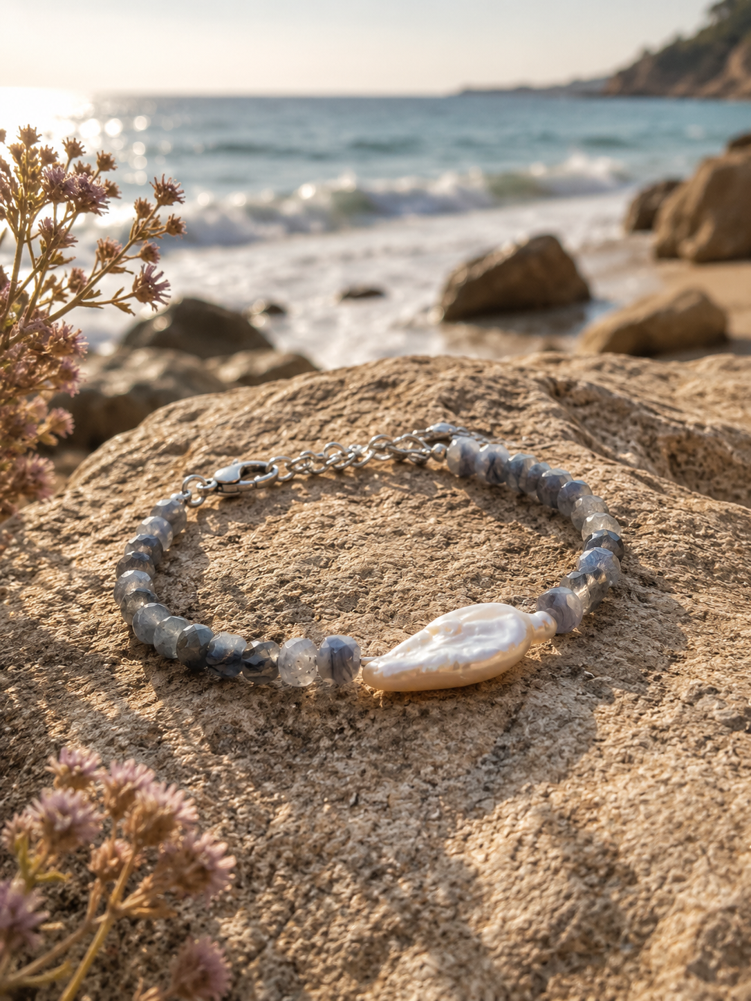 Bracelet Sillage cyanite en bord de mer — Théra'Pierres, Golfe de Saint-Tropez