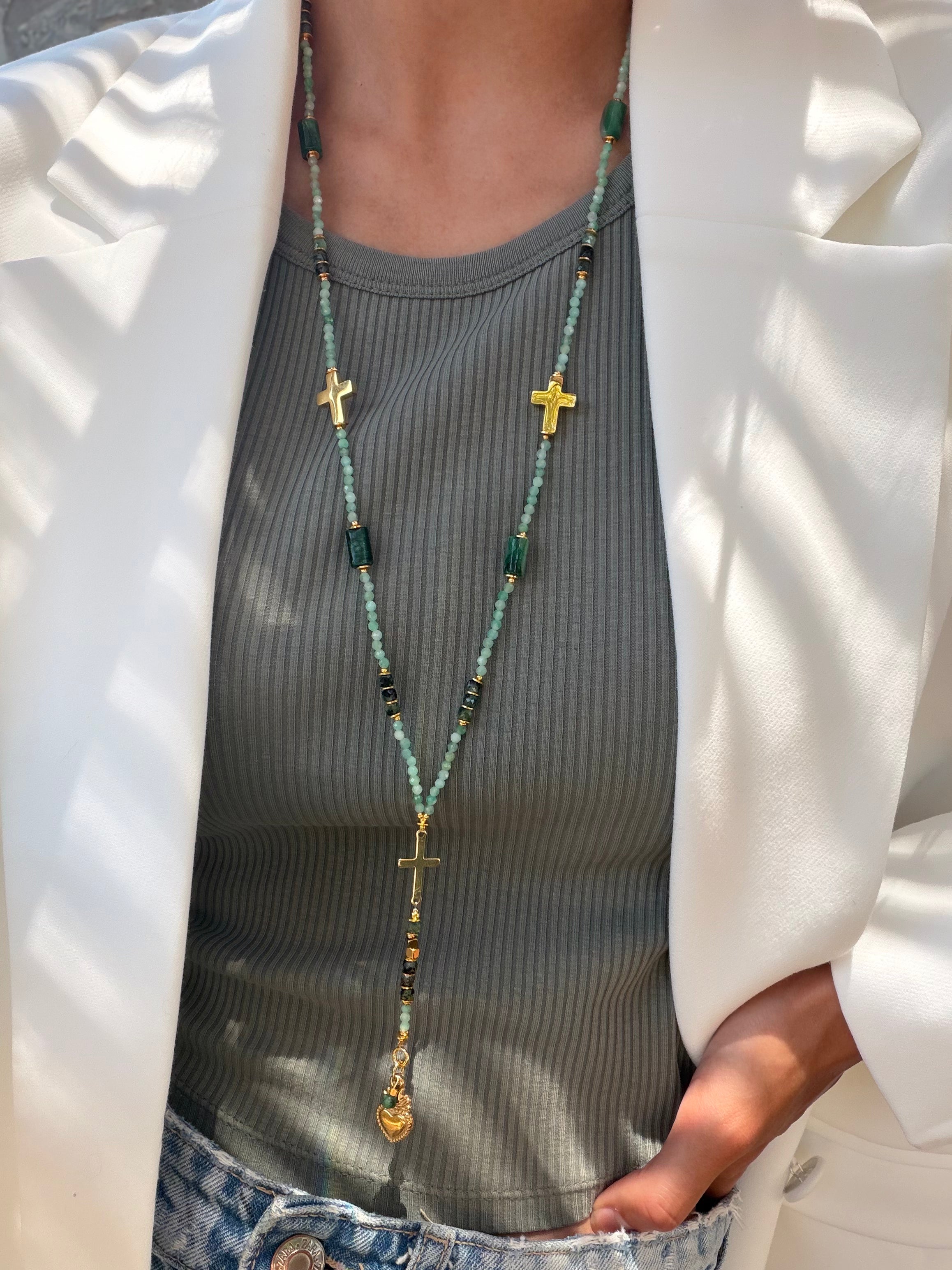 Chapelet Éden, émeraude et médaille Sacré-Cœur de Jésus — Thérapierres, Golfe de Saint-Tropez