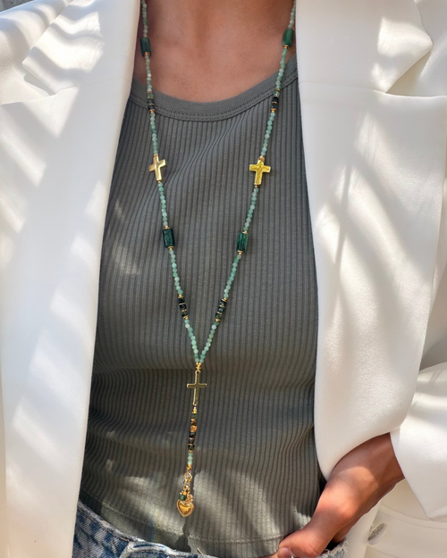 Chapelet Éden, émeraude et médaille Sacré-Cœur de Jésus — Théra'Pierres, Golfe de Saint-Tropez