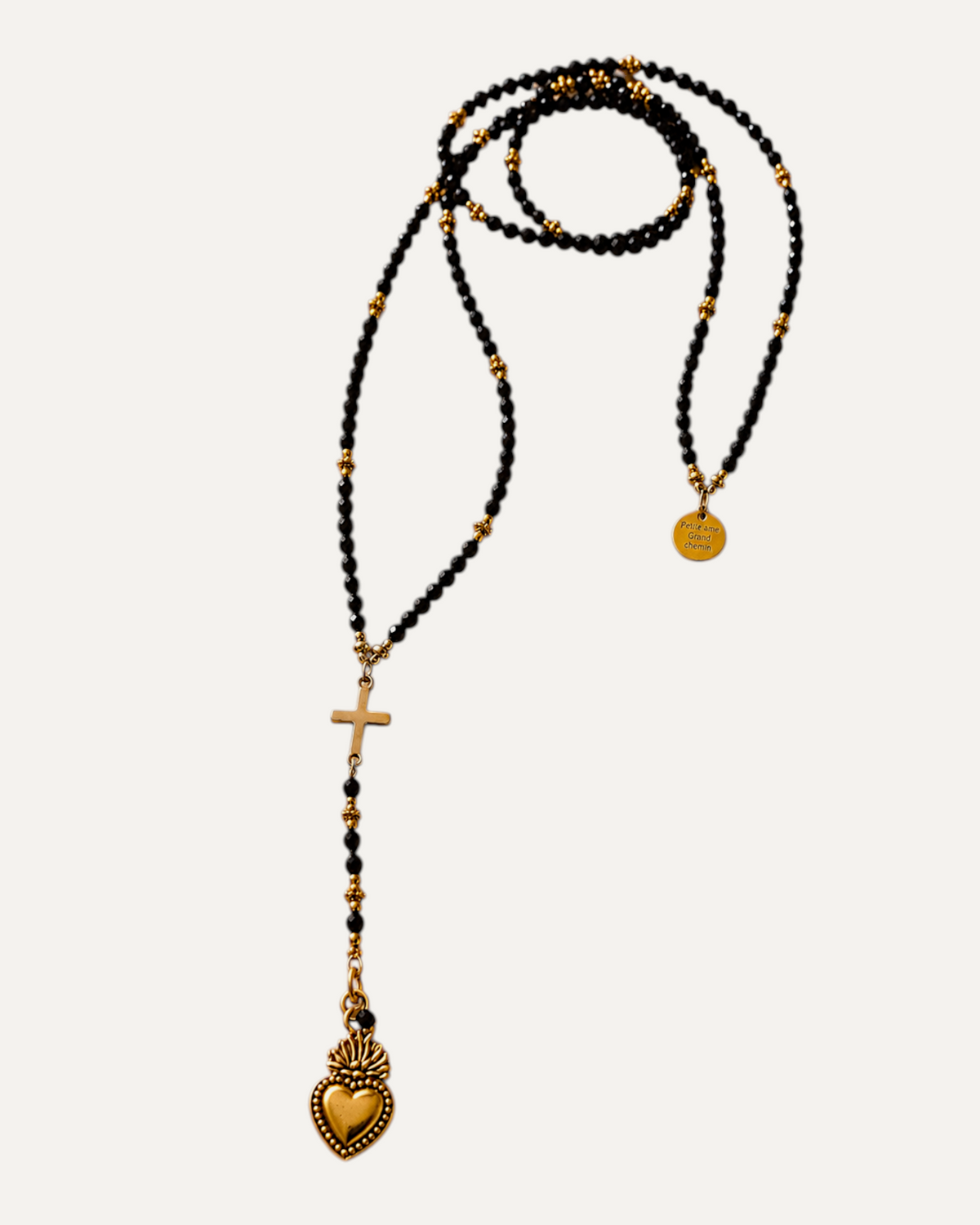 Chapelet Ora en spinelle, croix et Sacré-Cœur dorés — Théra'Pierres