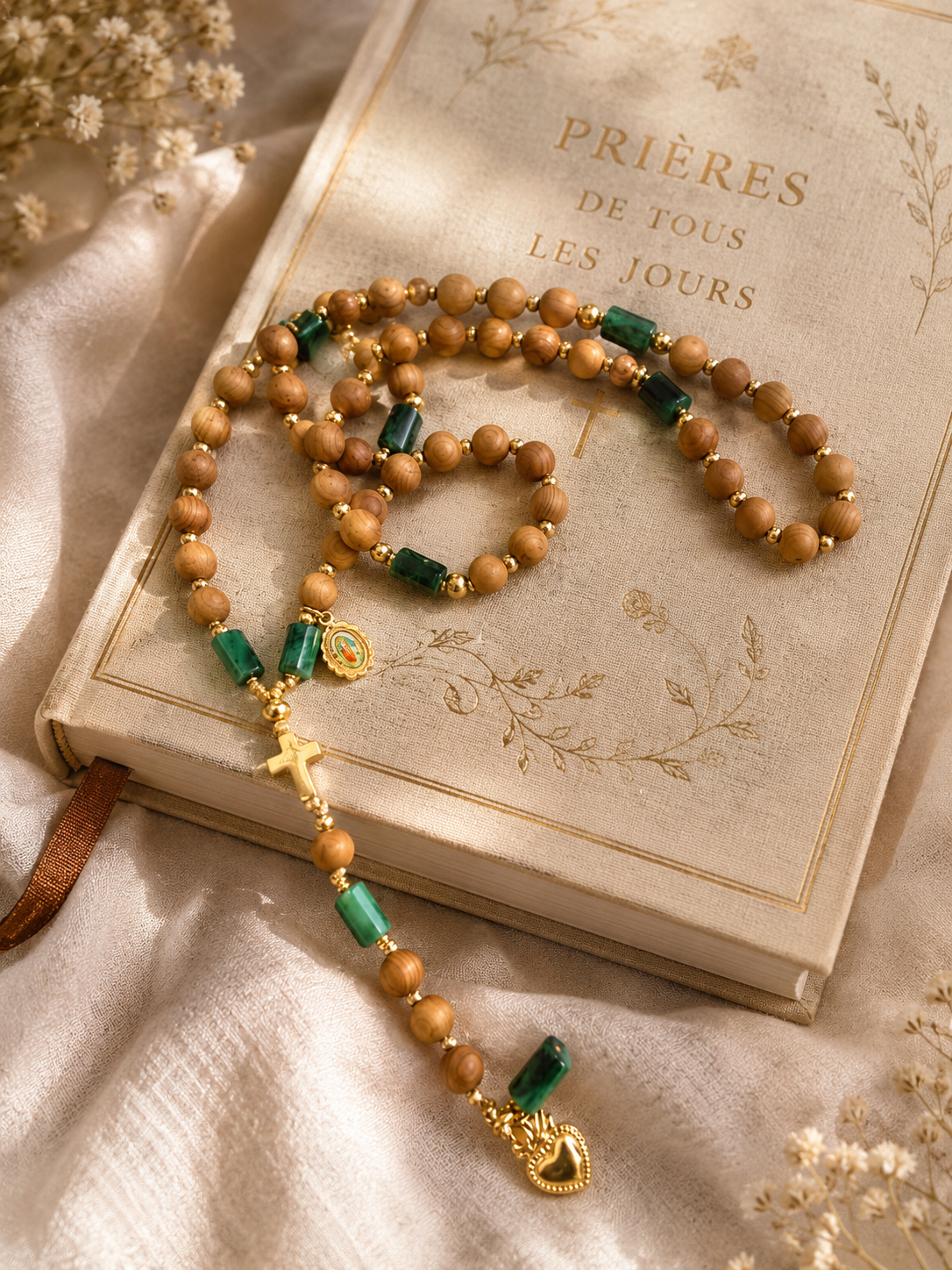 Chapelet Oration, bois de cade, émeraude et médaille Sacré-Cœur — Thérapierres, Golfe de Saint-Tropez”