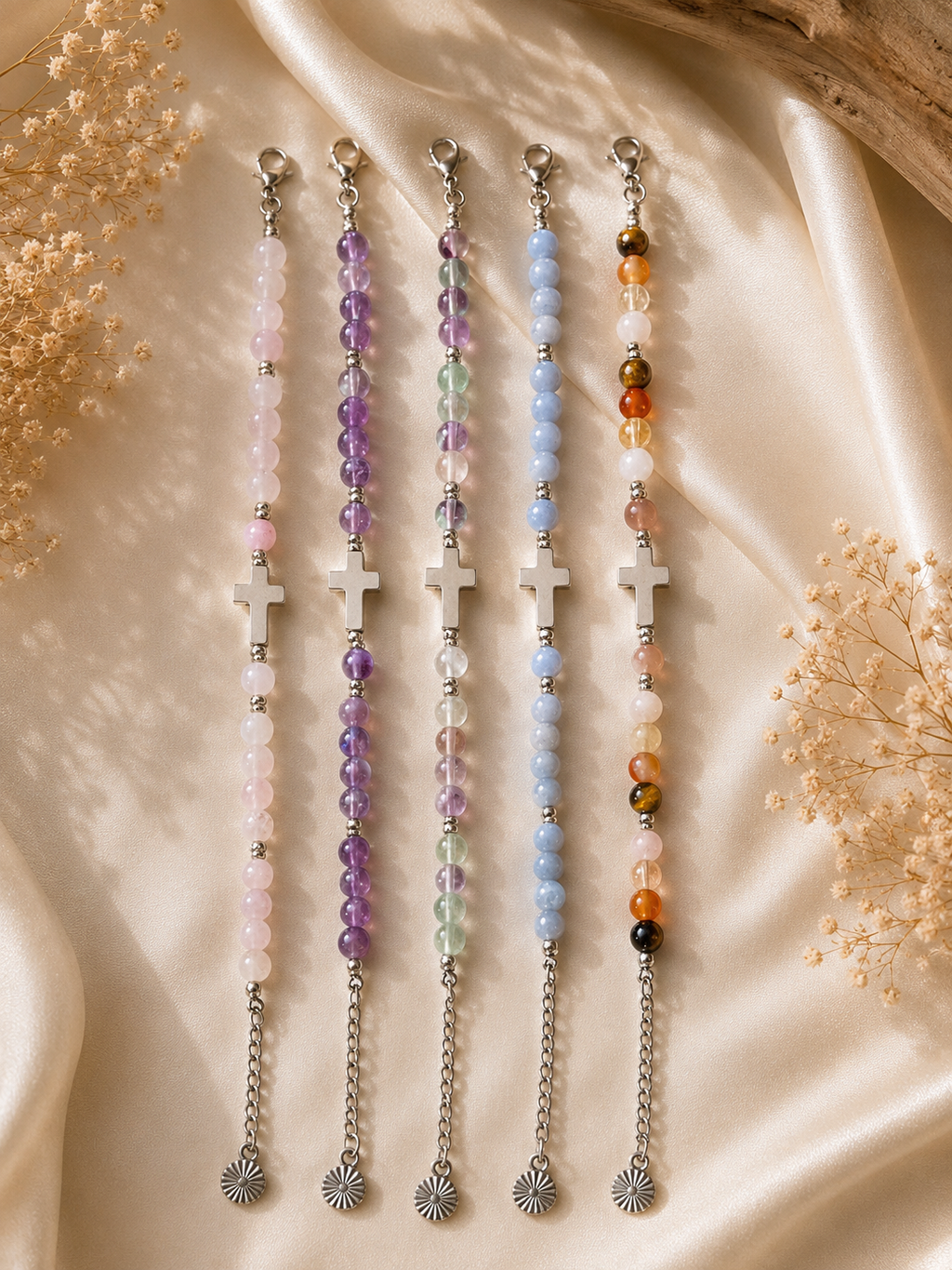 Bracelets et chapelets de la collection Alba — Théra'Pierres