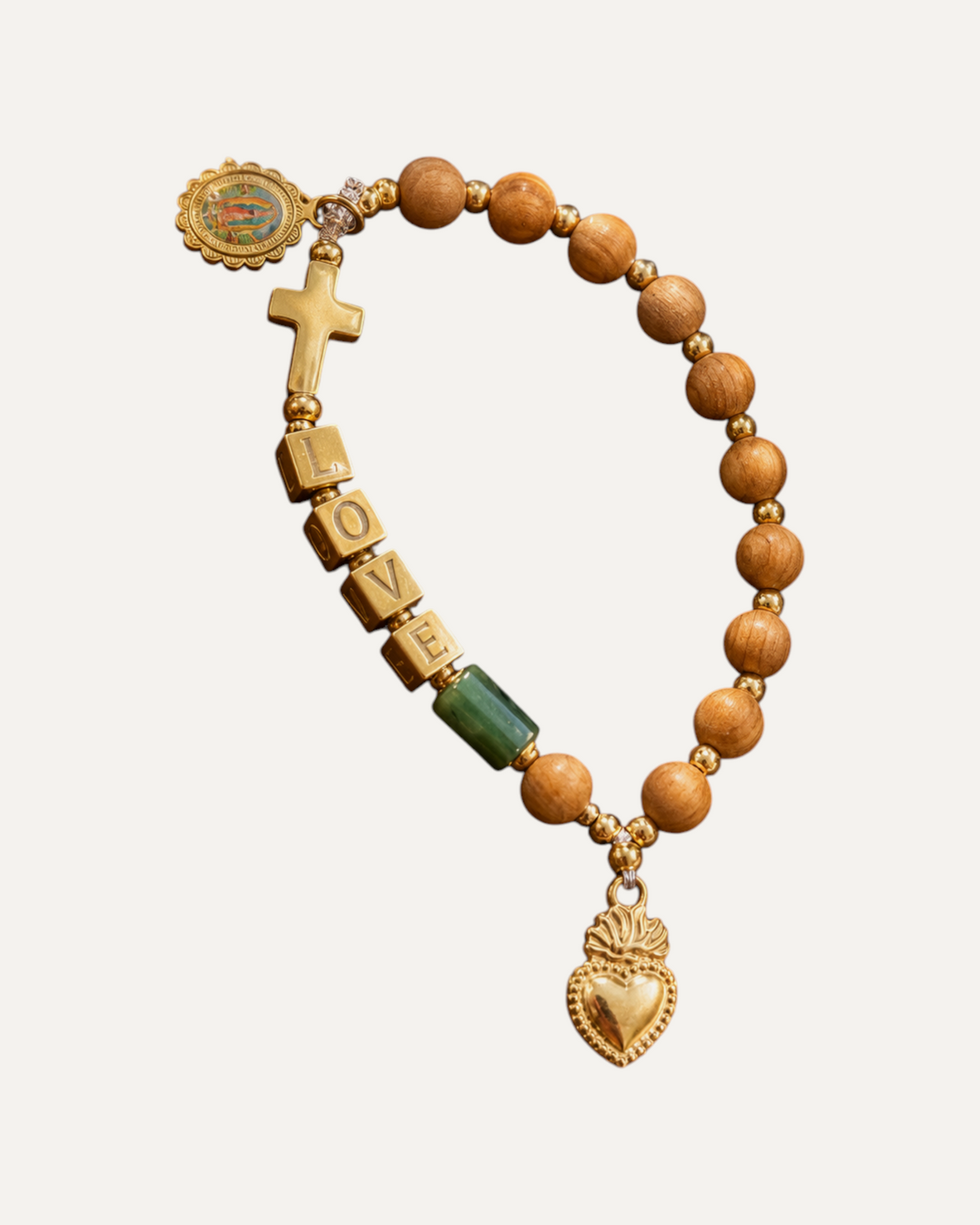Dizainier Cade en bois de cade et émeraude, Sacré-Cœur et lettres LOVE — Théra'Pierres