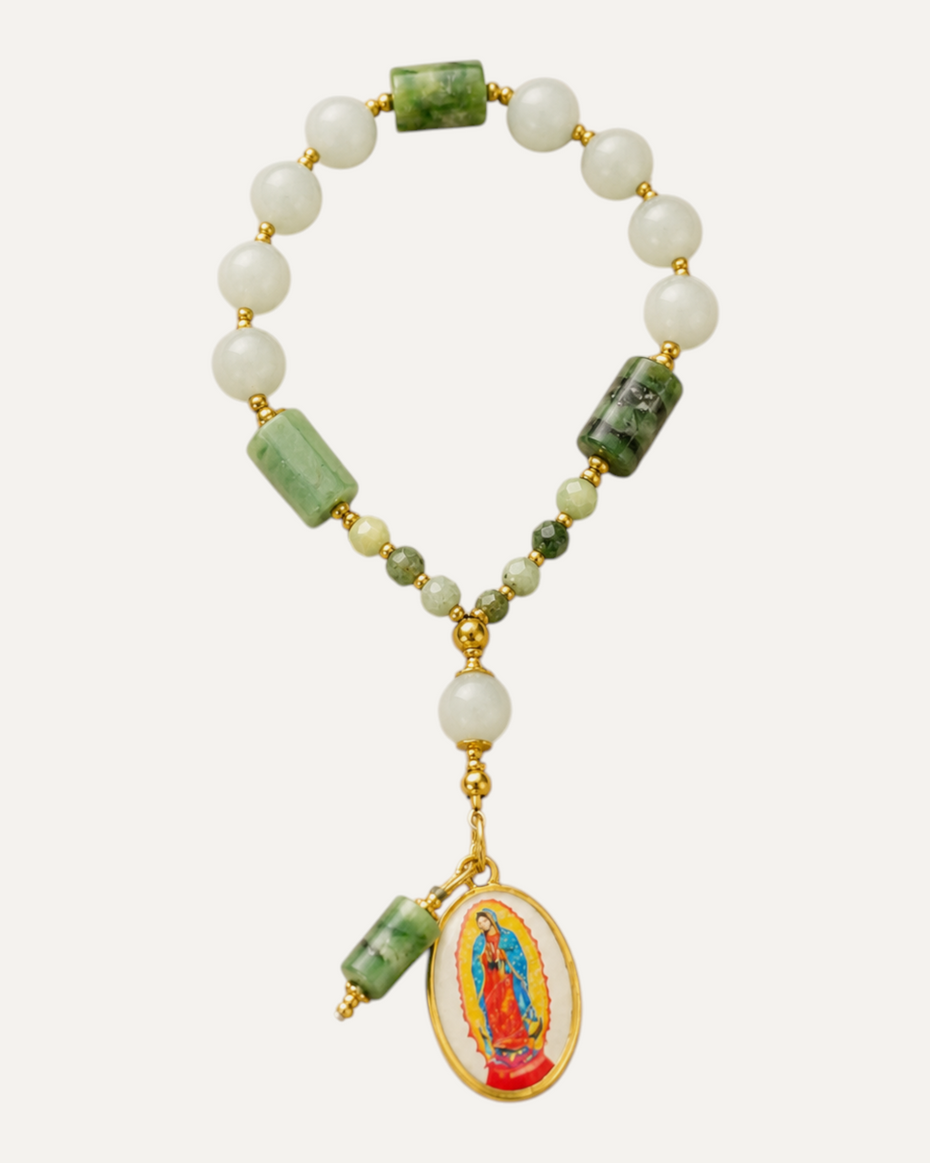 Dizainier Esperanza en aigue-marine et émeraude, médaille de Notre-Dame de Guadalupe — Théra'Pierres