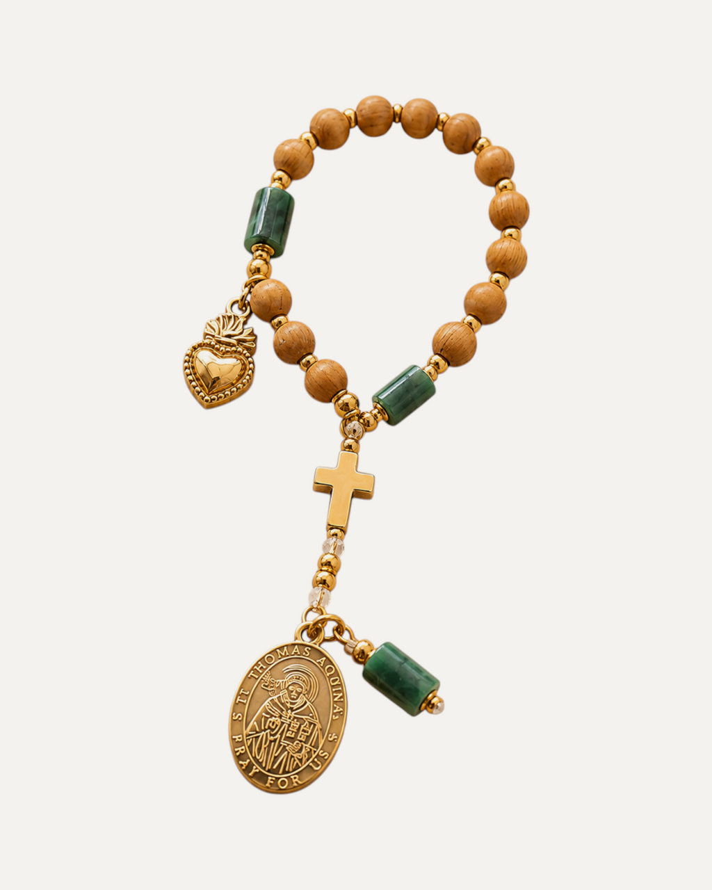 Dizainier Cade en bois de cade et émeraude, médaille de Saint Thomas d'Aquin — Théra'Pierres