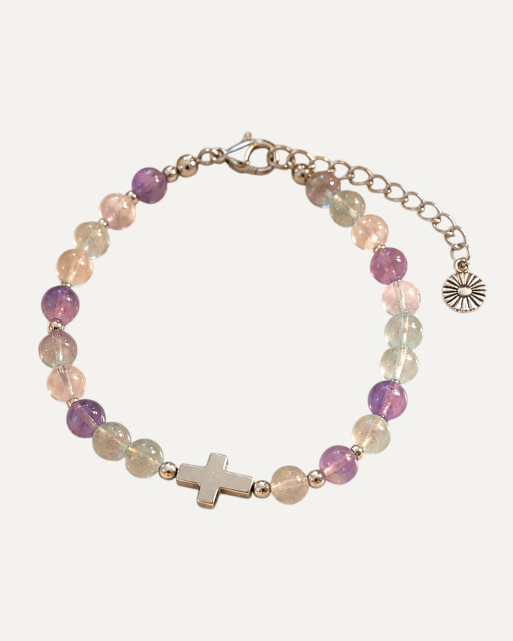 Bracelet Origine en fluorite, croix en acier inoxydable — Théra'Pierres