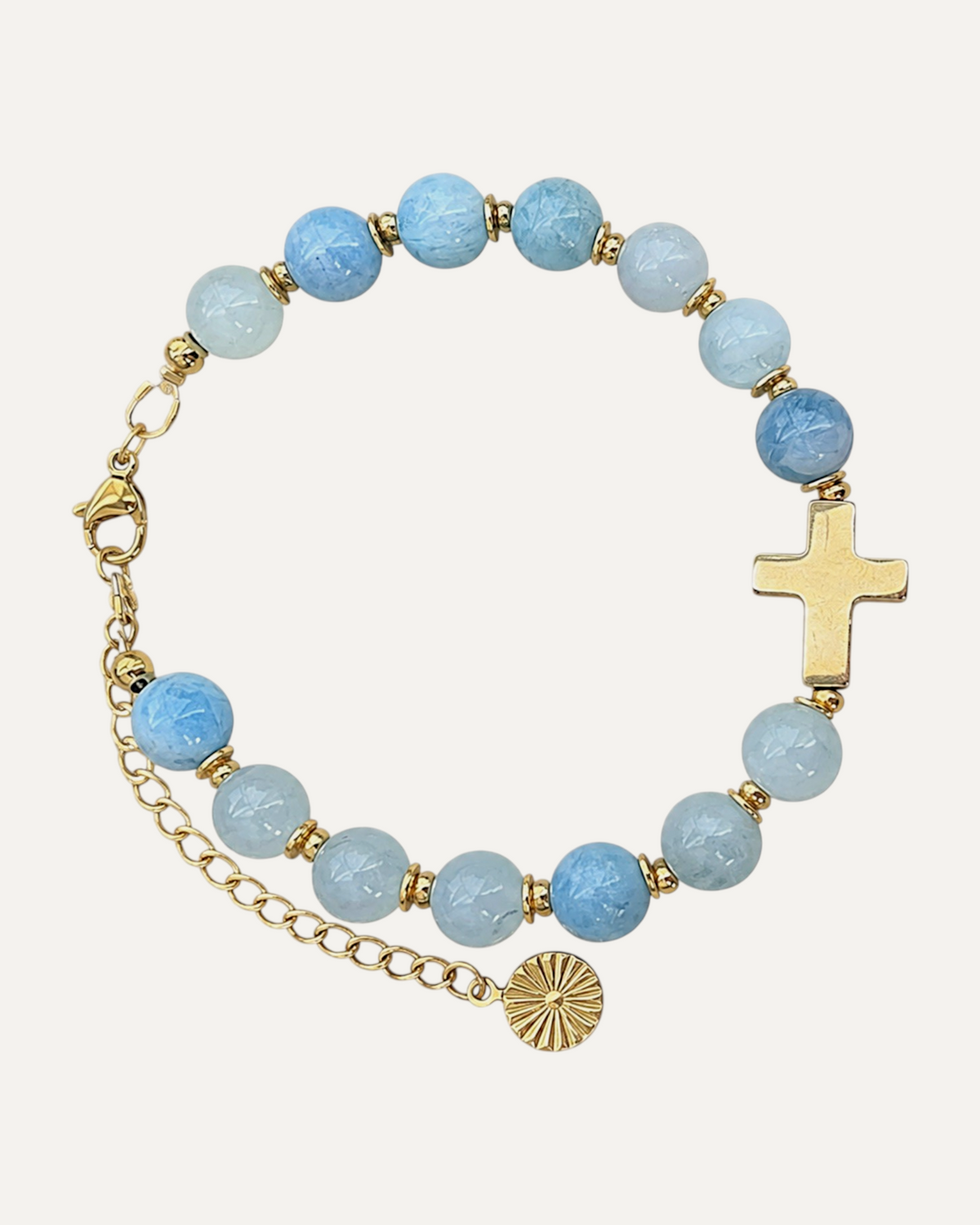 Bracelet Sereine en aigue-marine, croix dorée — Théra'Pierres