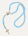 Chapelet Ciel de Marie en aigue-marine, croix et médaille dorées — Théra'Pierres