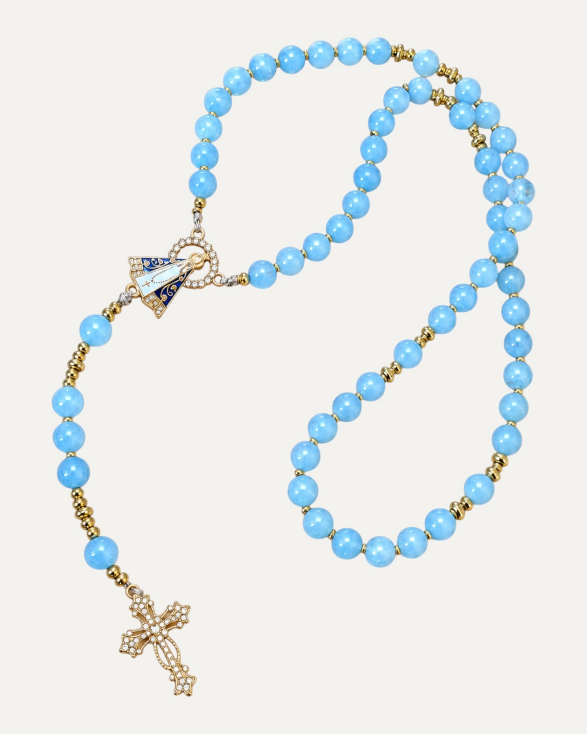 Chapelet Ciel de Marie en aigue-marine, croix et médaille dorées — Théra'Pierres